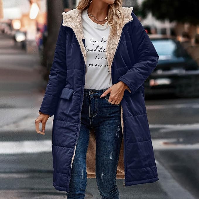 Street-wave Reversible Hooded Puffer Jacket For Women With Soft Fleece Lining And Warmth