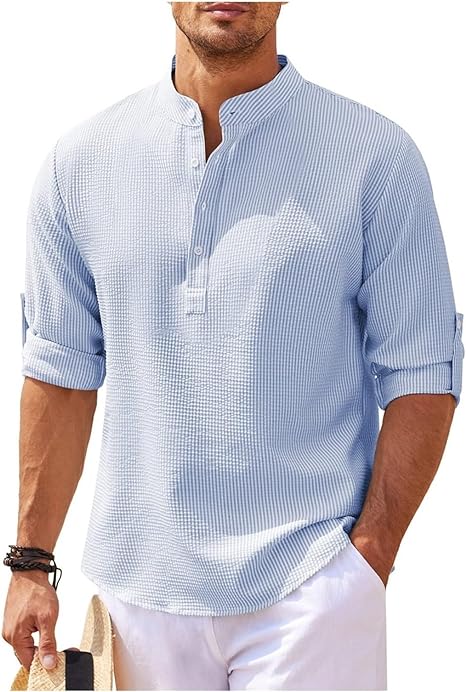 Street-Wave Men's Band Collar Shirt Lightweight Cotton Relaxed Fit Casual