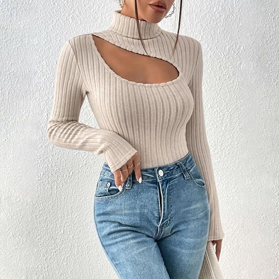 Street-Wave Sexy Hollow-Out Turtleneck Top For Bold Women Cutout Knit Ribbed Design