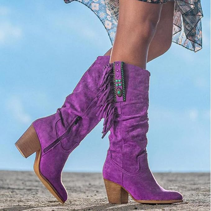 Street Wave Western Fringe Boots For Women Suede Look With Turquoise Details Vintage Western Style
