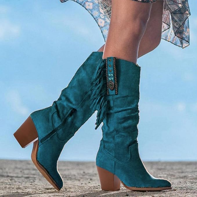 Street Wave Western Fringe Boots For Women Suede Look With Turquoise Details Vintage Western Style