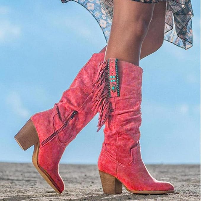 Street Wave Western Fringe Boots For Women Suede Look With Turquoise Details Vintage Western Style