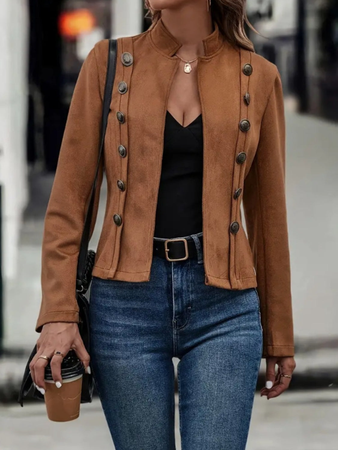 Street-wave Women Suede Button Detail Jacket for Elegant Everyday Wear and Confidence