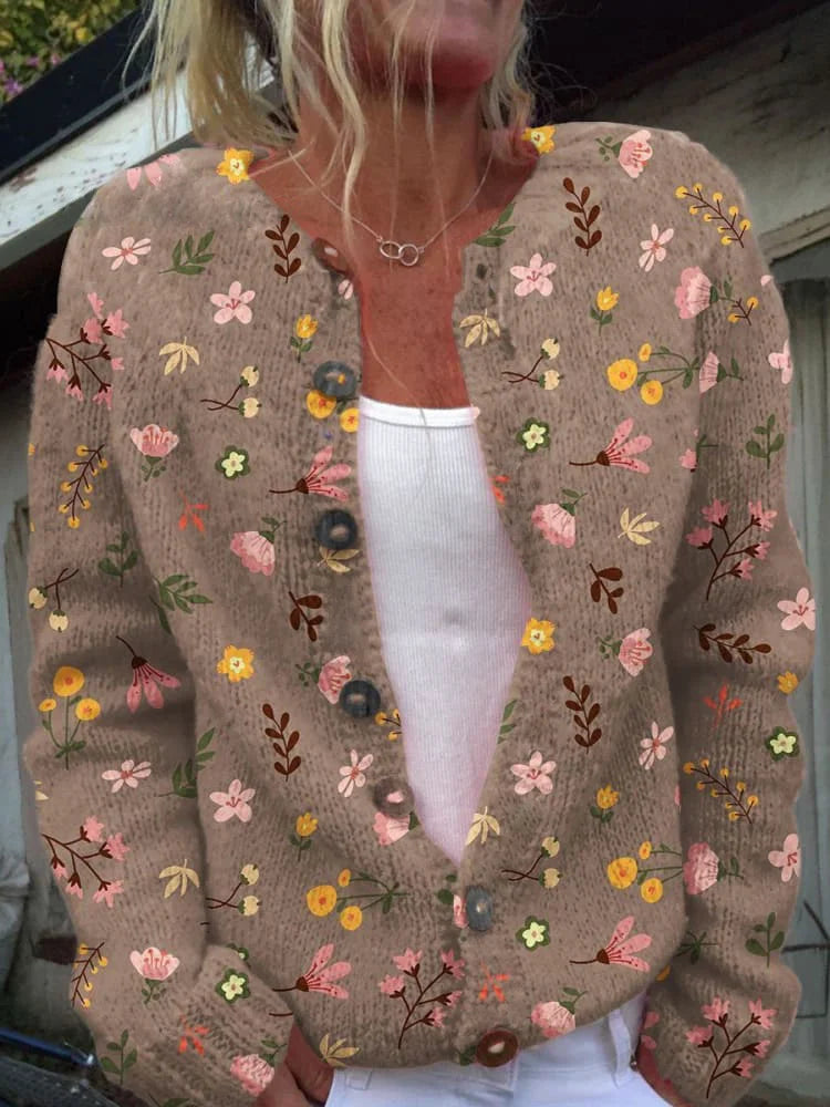 Street-Wave Cozy Knitted Cardigan For Women With Button Front Floral Design Pattern