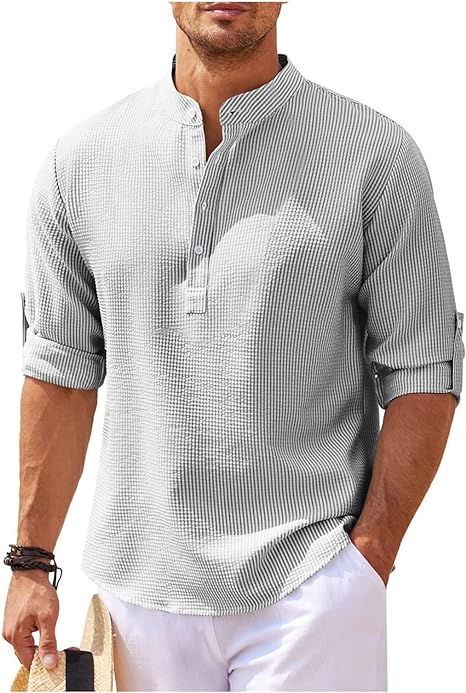 Street-Wave Men's Band Collar Shirt Lightweight Cotton Relaxed Fit Casual