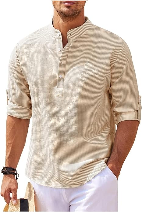 Street-Wave Men's Band Collar Shirt Lightweight Cotton Relaxed Fit Casual