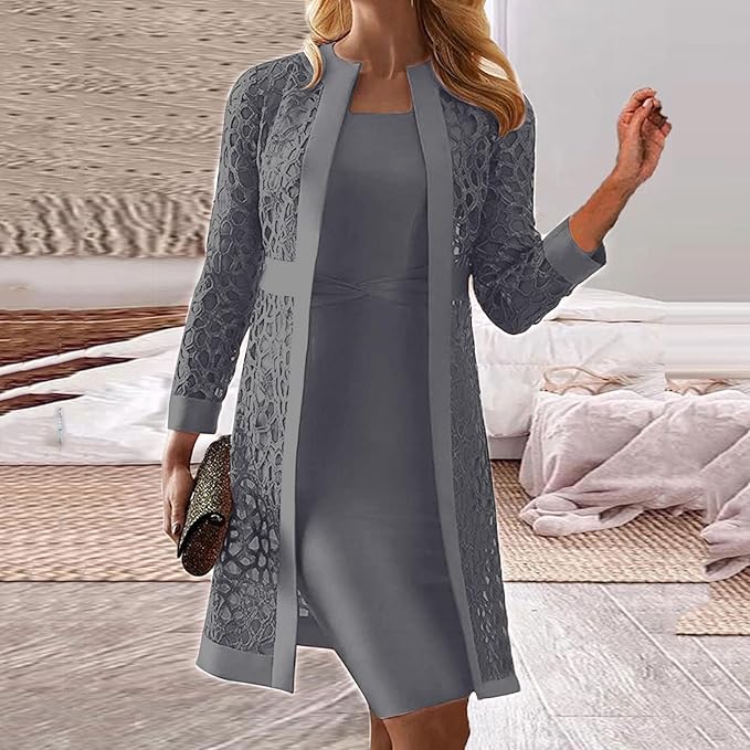 Street-Wave Two Piece Lace Dress Set For Women Elegant Knee Length Dress With Lace Overlay