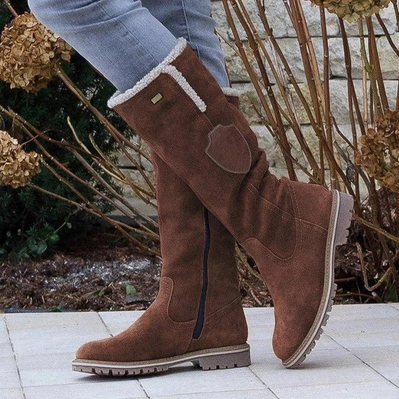 Street-Wave Plush Lined Suede Mid-Calf Boots for Women Cozy Side Zip and Rugged Tread Sole