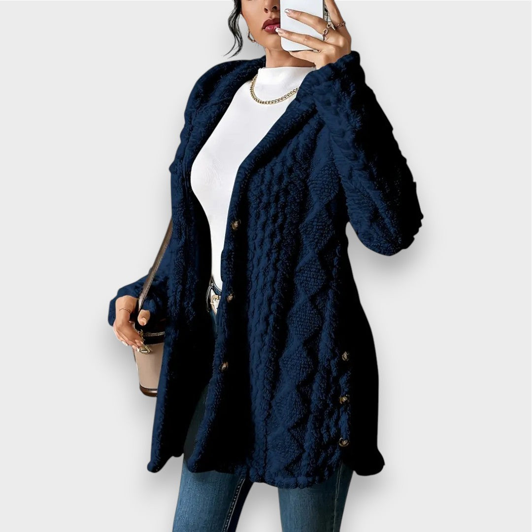 Street-Wave Plush Hoodie Cardigan For Women Ultra Soft Cozy Elegance With Refined Knit And Button Details