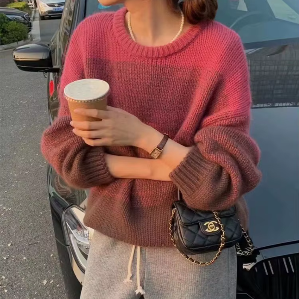 Street Wave Cozy Oversized Gradient Knit Pullover For Women Warm Autumn Cocooning Comfort