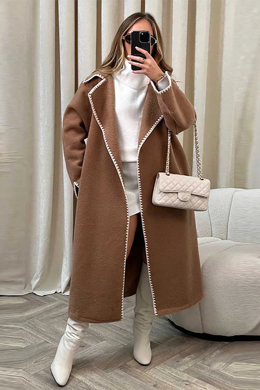 Street-wave Oversized Long Coat With Contrast Trim Statement Jacket For Fashion Forward Women