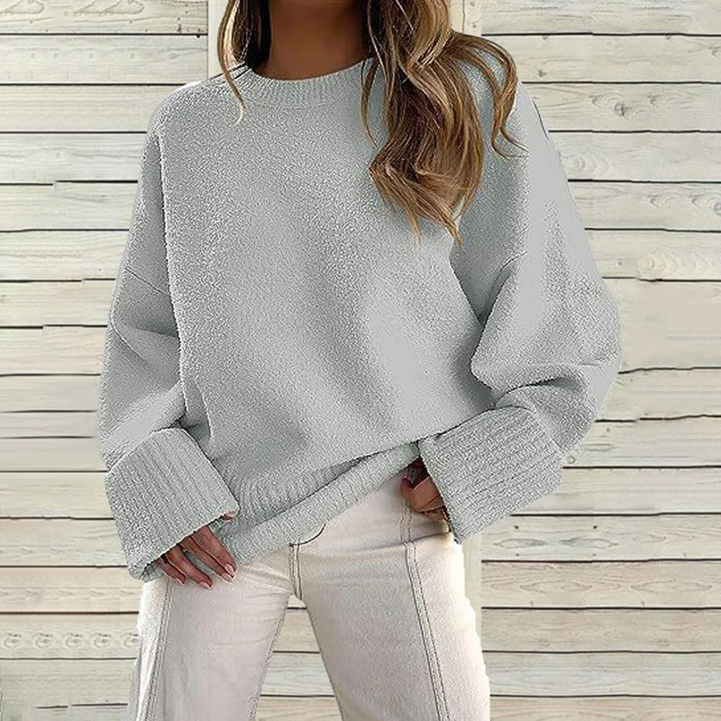 Street Wave Navy Solid Long Sleeve Knit Crewneck Pullover For Women Cotton Acrylic Blend Cozy Warmth