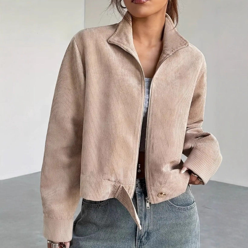 Street-wave Women's Corduroy Jacket Short Cut With Wide Collar And Zip Front Vintage Chic