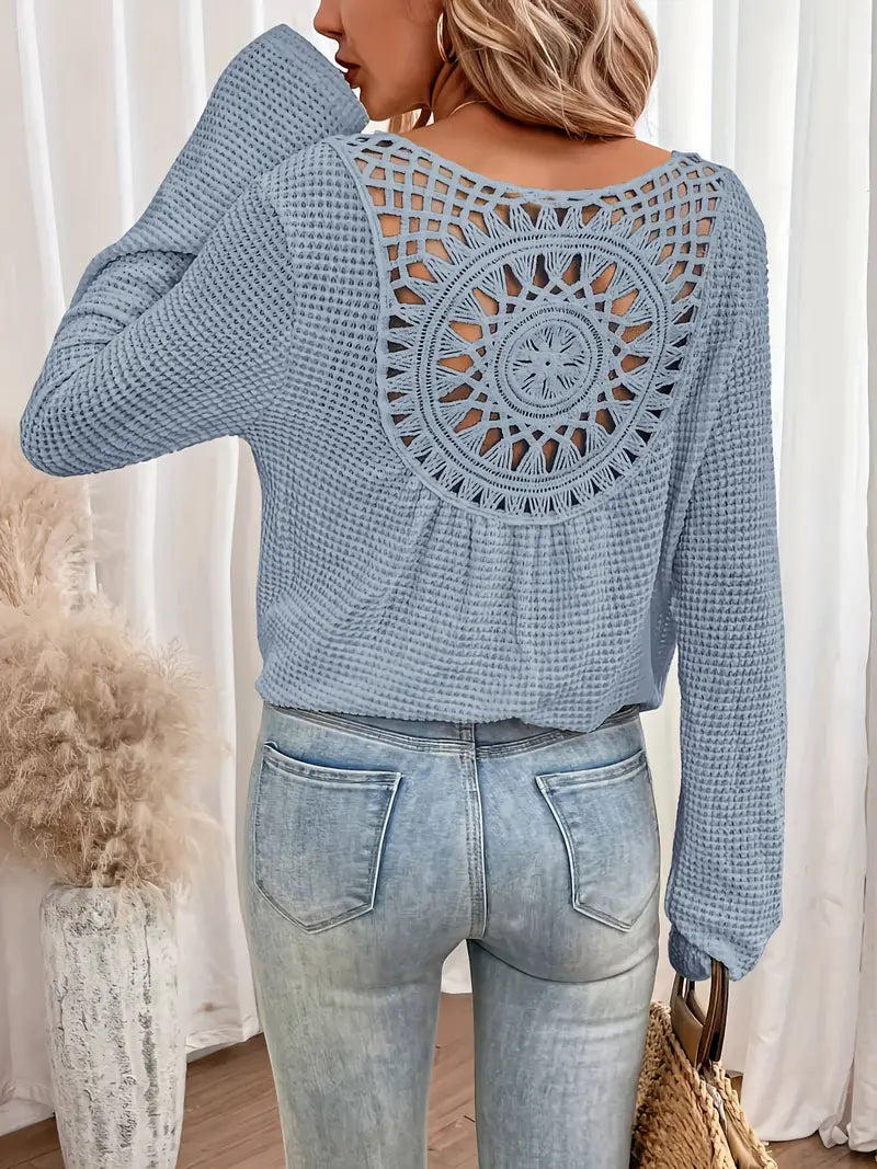Street-Wave Crochet Back Detail Knit Sweater For Women, Cozy Versatile Layering Piece