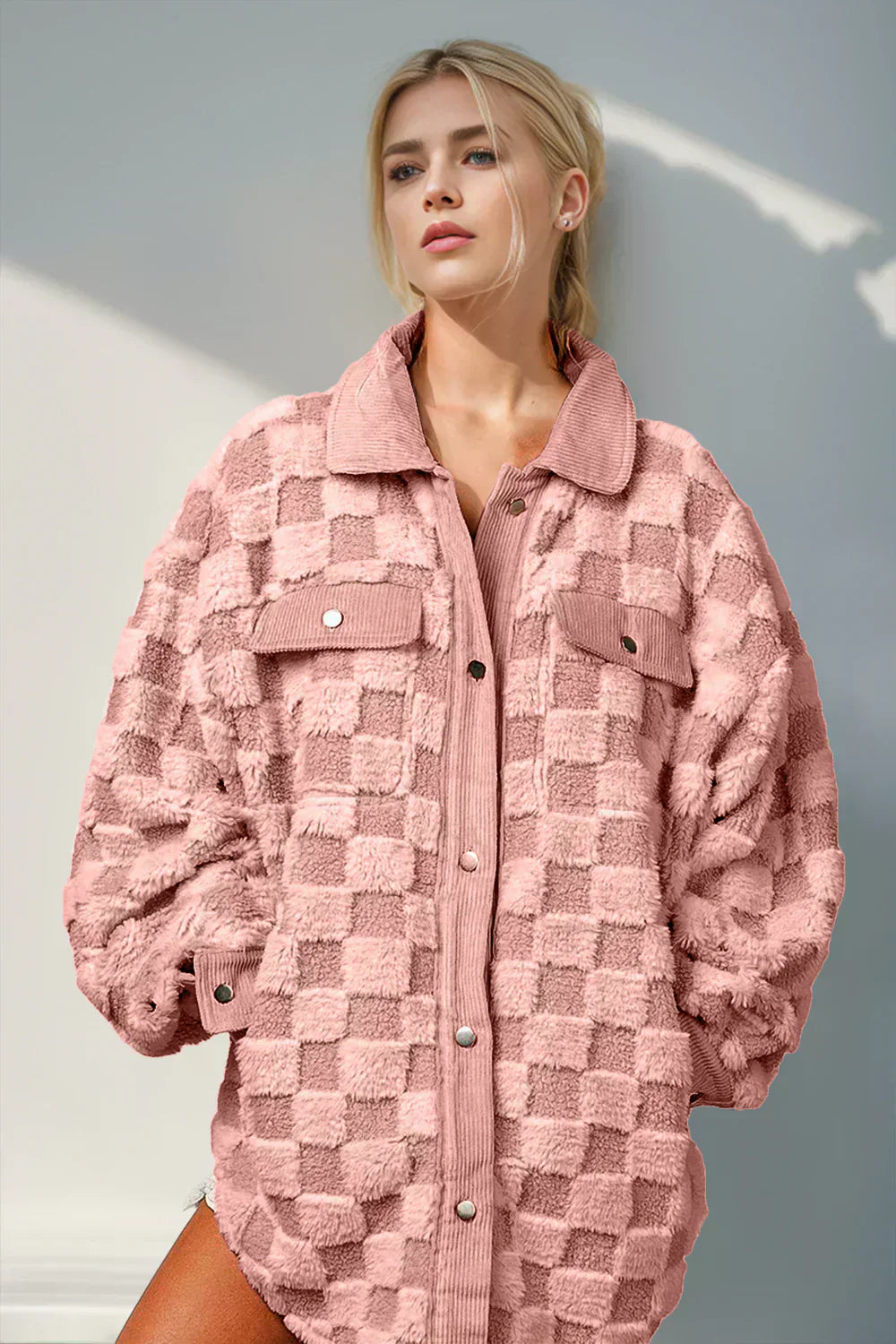 Street-Wave Cozy Checkered Coat With Button Closure For Plus Size Women Soft And Versatile
