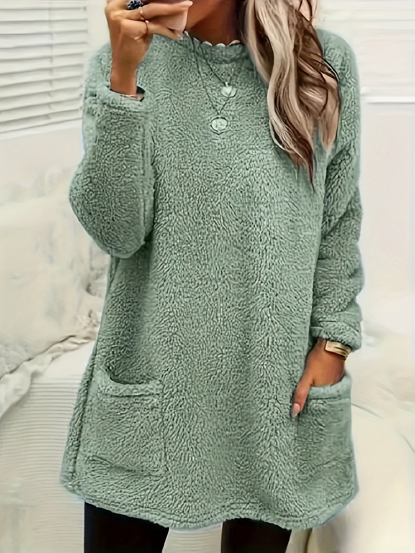 Street-Wave Long Teddy Tunic With Pockets Warm Polyester Cozy Comfort For Women