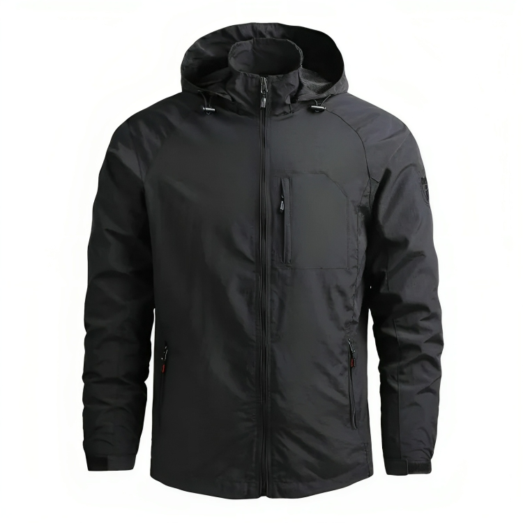 Street-wave Waterproof Hooded Windbreaker For Men With Chest Pocket And Rain Protection