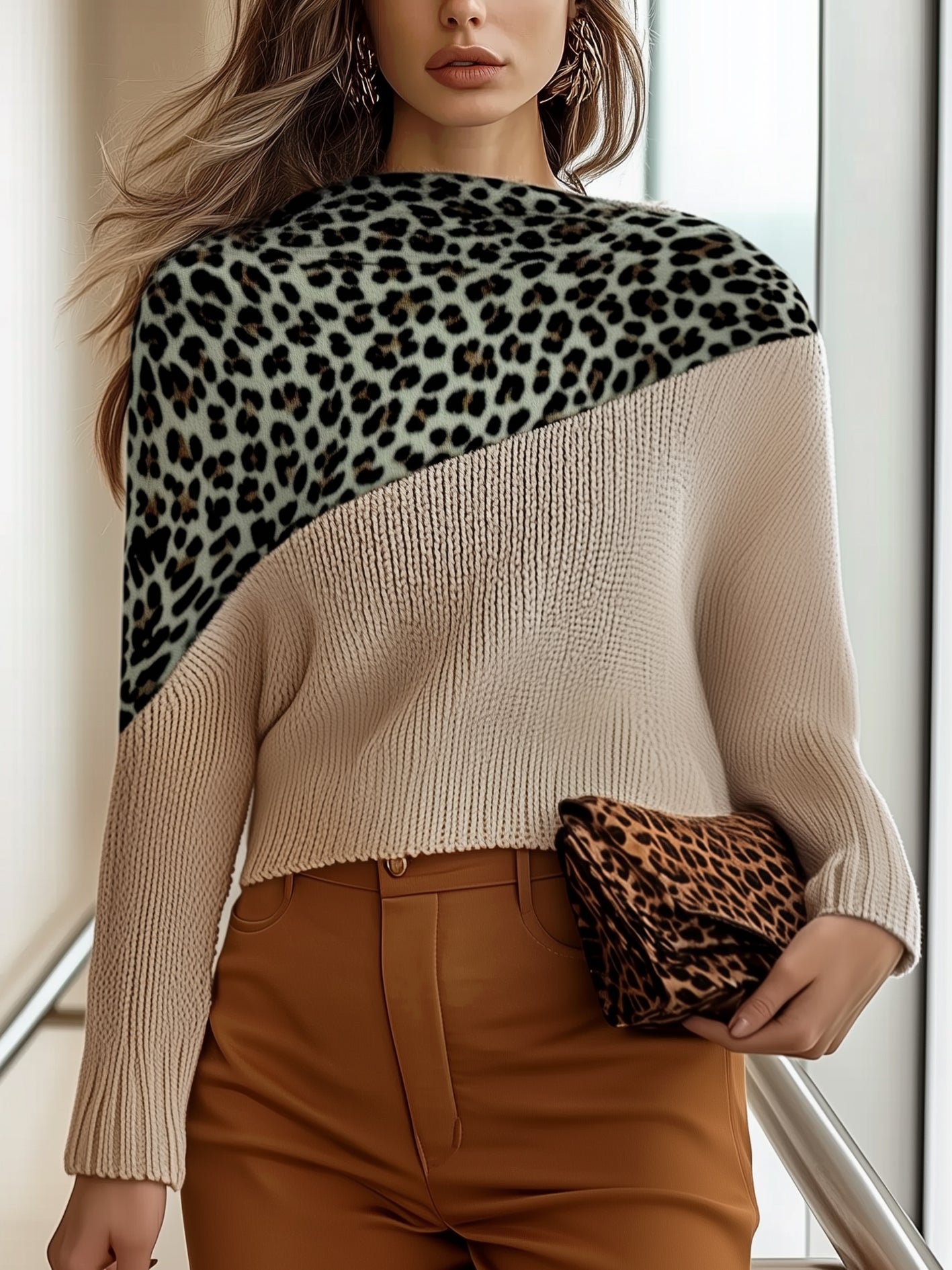Leopard Print Knit Pullover Street-Wave Modern Chic Cozy Sweater For Women Unique Design