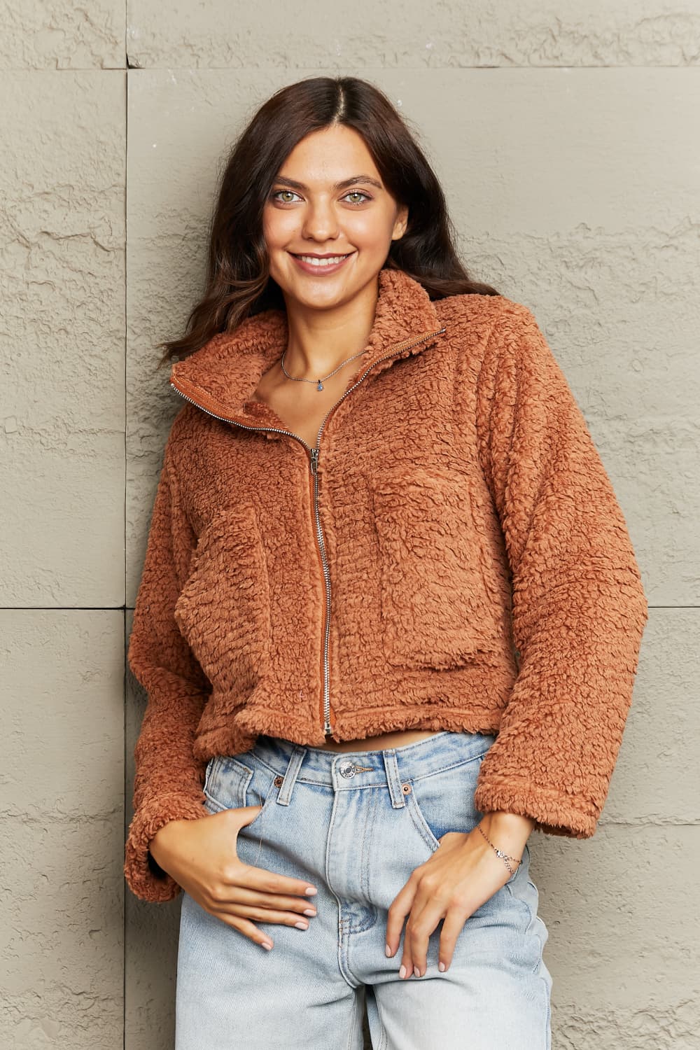 Street-wave Teddy Jacket With Zip Closure Stand Collar Cozy Fleece Coat For Women