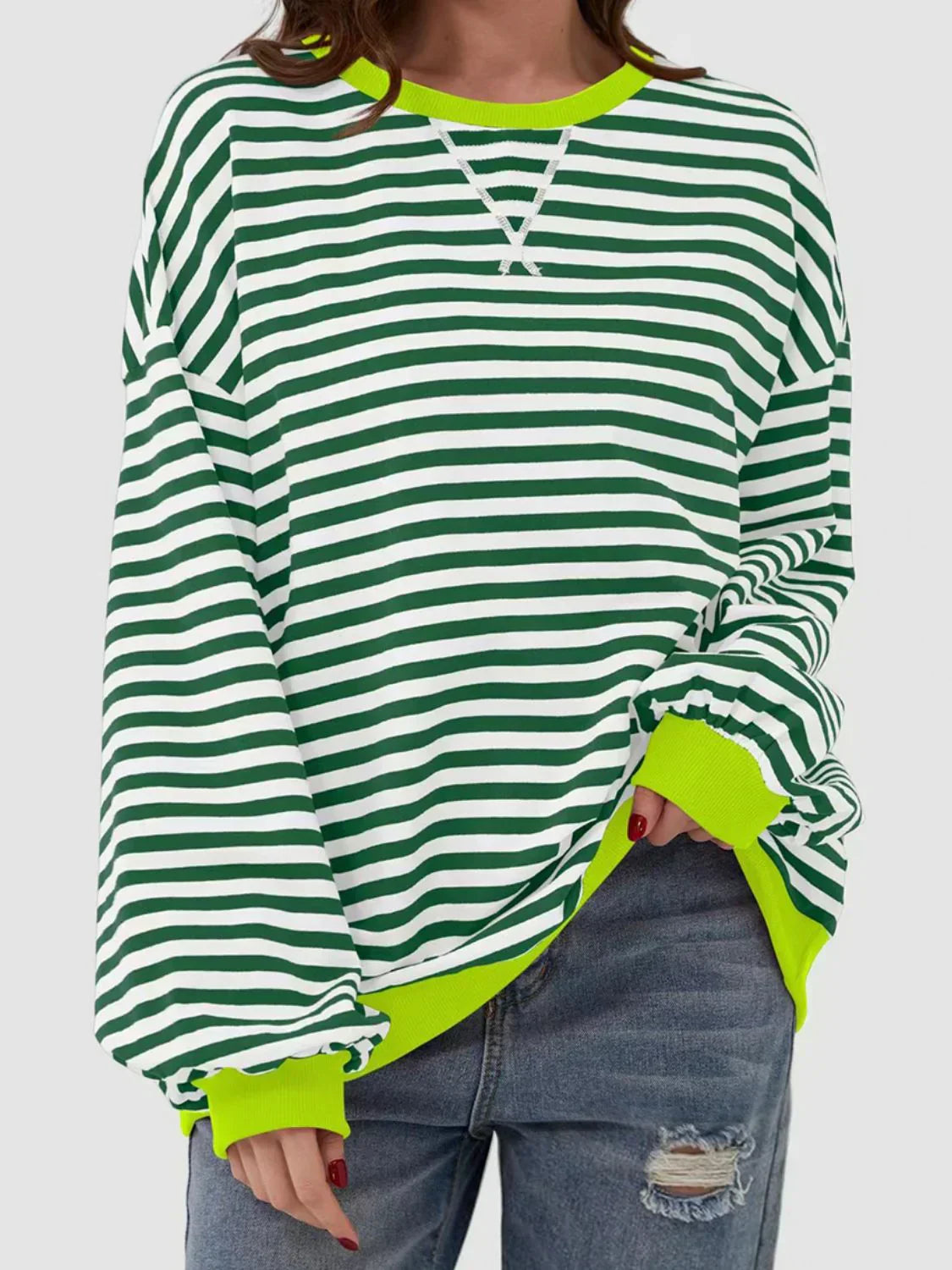 Street Wave Striped Crewneck Sweater For Women Cozy Soft Oversized Long Sleeve Knit