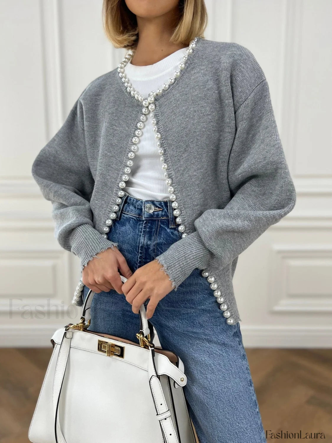 Street-Wave Pearl Trim Cardigan With Frayed Hem For Women Soft Everyday Knit Acrylic Elastane