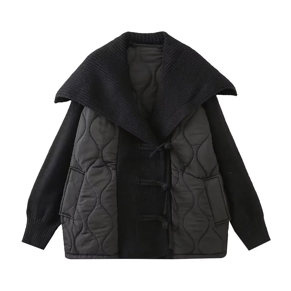 Street-Wave Women's Oversized Quilted Jacket With Marine Collar And Cozy Knit Panels