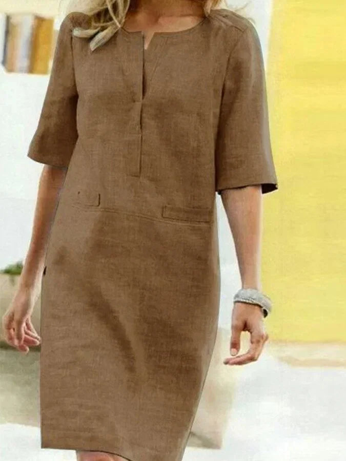 Street-wave Cotton Linen Dress for Women Breathable Short Sleeve Shift Effortless Everyday Chic