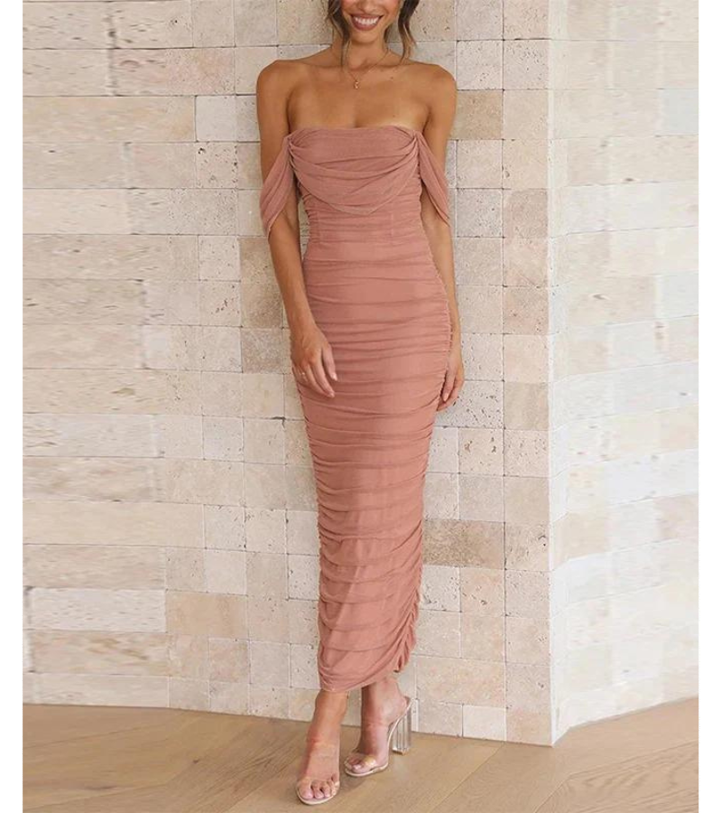 Dress For Women - Off-Shoulder - Tailored - Draped Design - Elegant Evening Dress