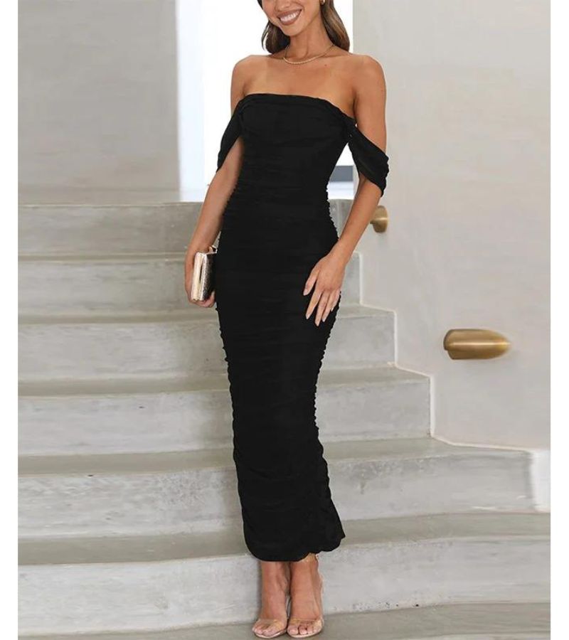 Dress For Women - Off-Shoulder - Tailored - Draped Design - Elegant Evening Dress
