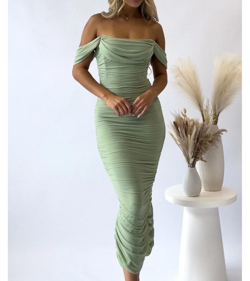 Dress For Women - Off-Shoulder - Tailored - Draped Design - Elegant Evening Dress