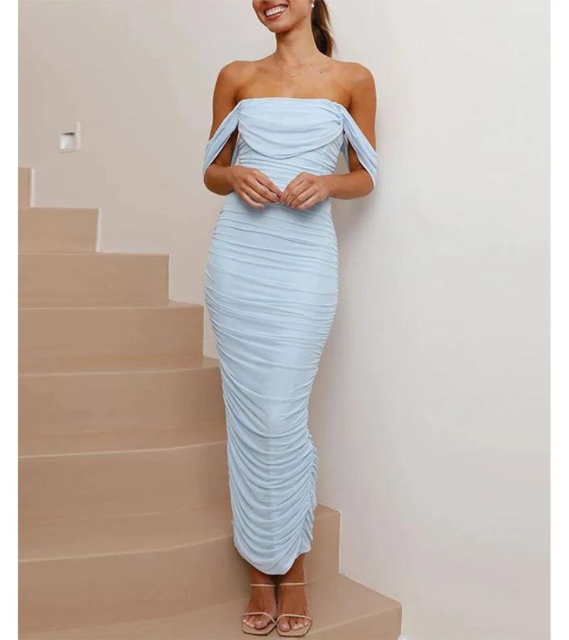 Dress For Women - Off-Shoulder - Tailored - Draped Design - Elegant Evening Dress