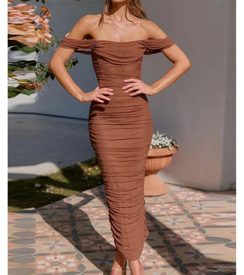Dress For Women - Off-Shoulder - Tailored - Draped Design - Elegant Evening Dress
