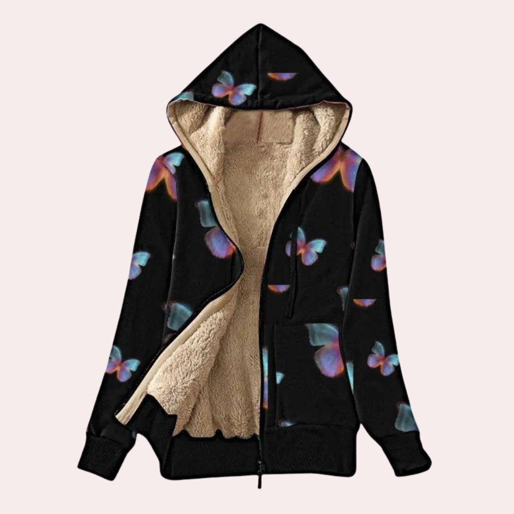 Street-wave Women's Warm Hoodie Jacket With Colorful Butterfly Print For Cozy Winter Wear