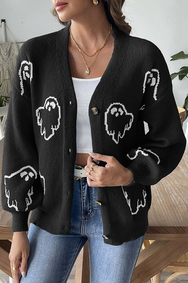 Street-wave Ghost Cardigan for Women Cozy Button Front Knit Halloween Ready Relaxed Fit