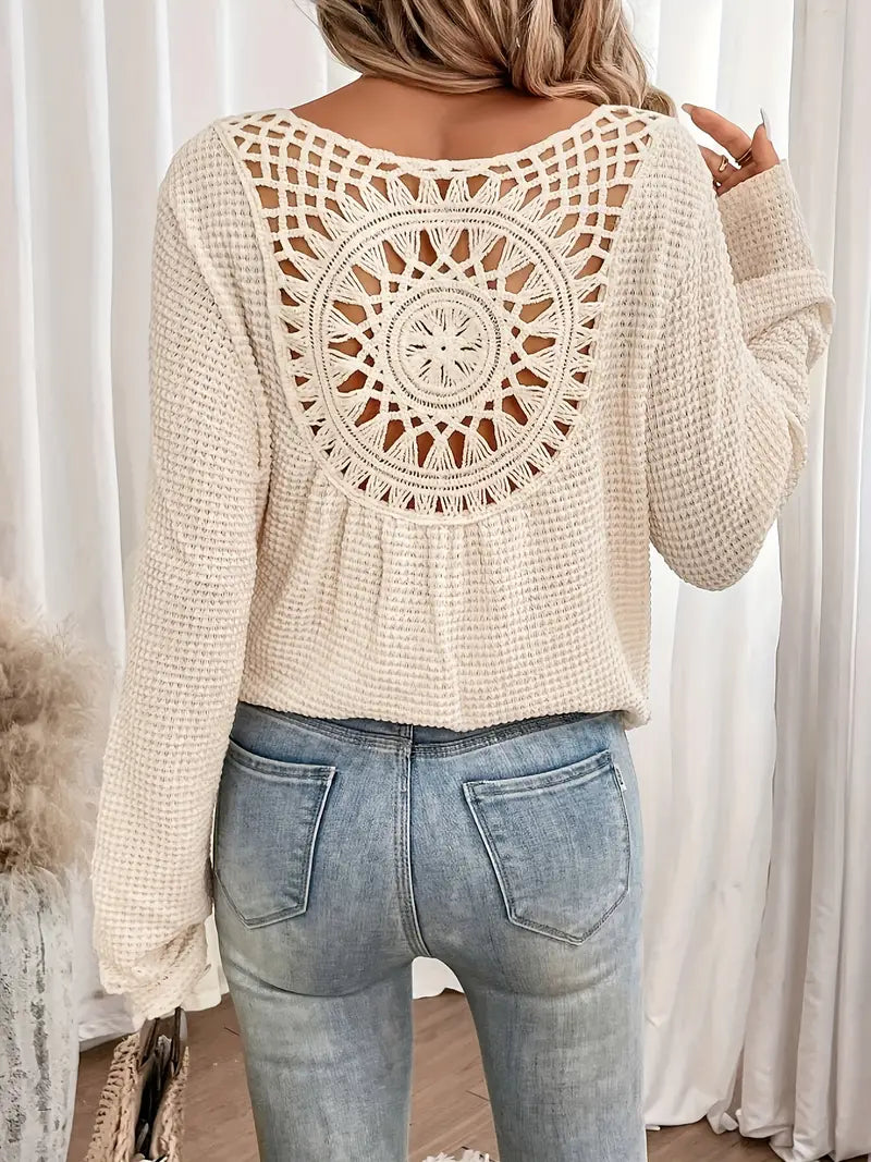 Street-Wave Crochet Back Detail Knit Sweater For Women, Cozy Versatile Layering Piece