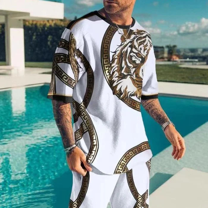 Street-Wave Tigerprint Hawaiian Shirt and Shorts Set for Men, Quick-Dry Stretch Fabric, Beachwear