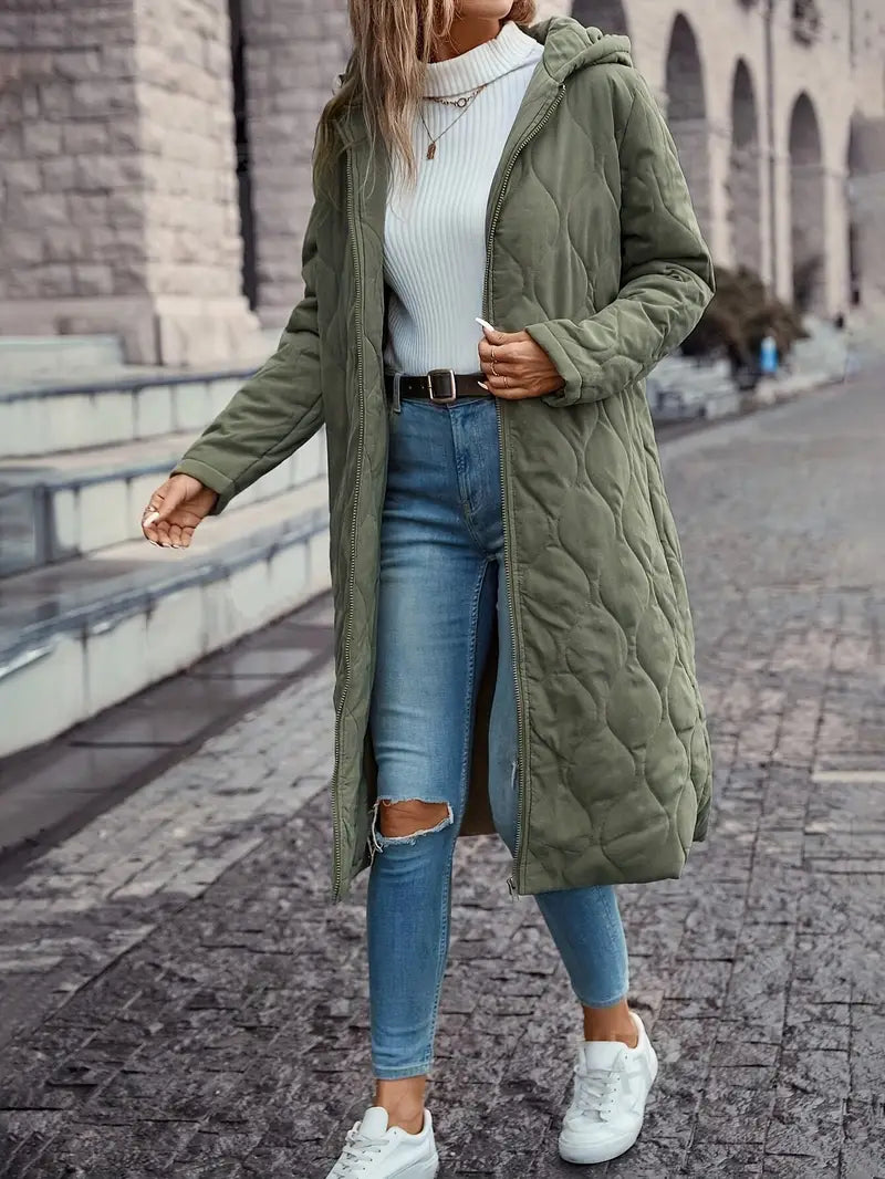 Street Wave Quilted Hooded Down Jacket For Women Cozy Longline Puffer Coat All Season Essentials