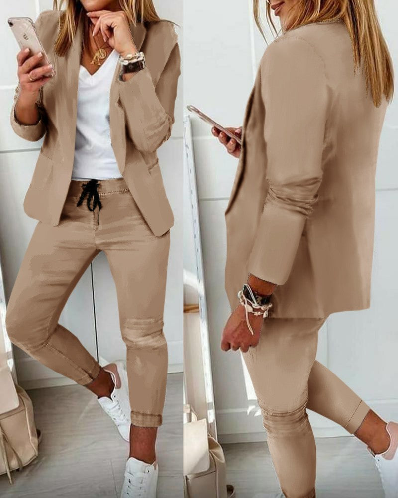 Street-wave Women's Blazer Set With Drawstring Trousers Versatile Chic Professional Outfit