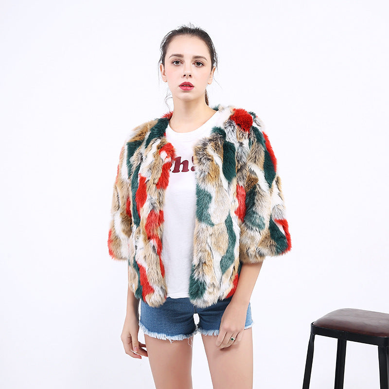 Street Wave Women Faux Fur Jacket With Fluffy Plush Texture And Vibrant Colorful Pattern For Streetwear Style