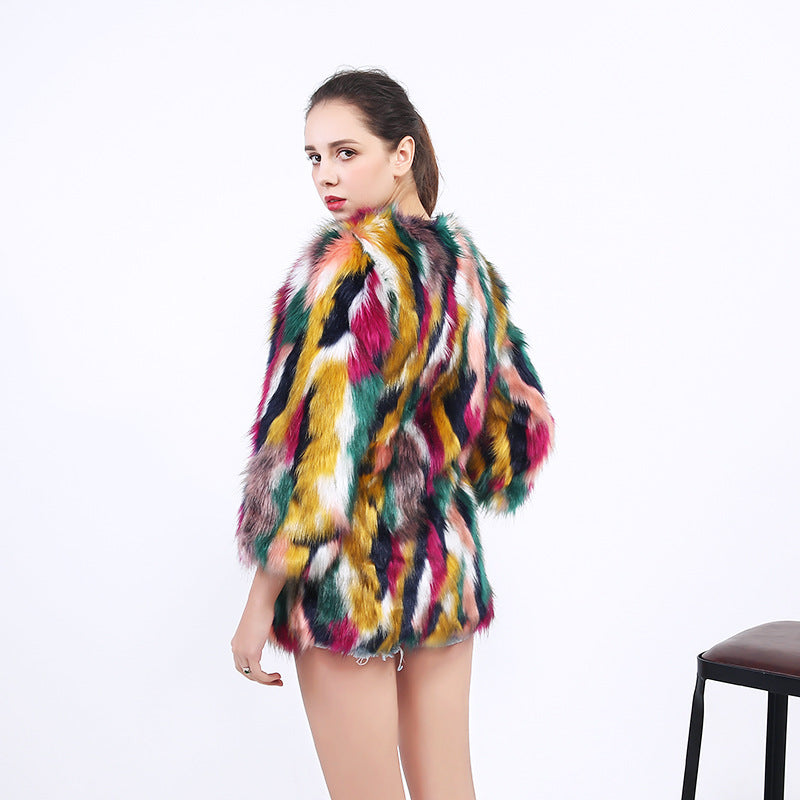 Street-Wave Womens Fashion Faux Fur Coat With Bold Multicolor Design For Night Out