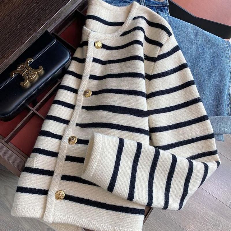Street Wave Striped Knit Cardigan For Women With Durable Terylene Comfort Fall Layering Essential