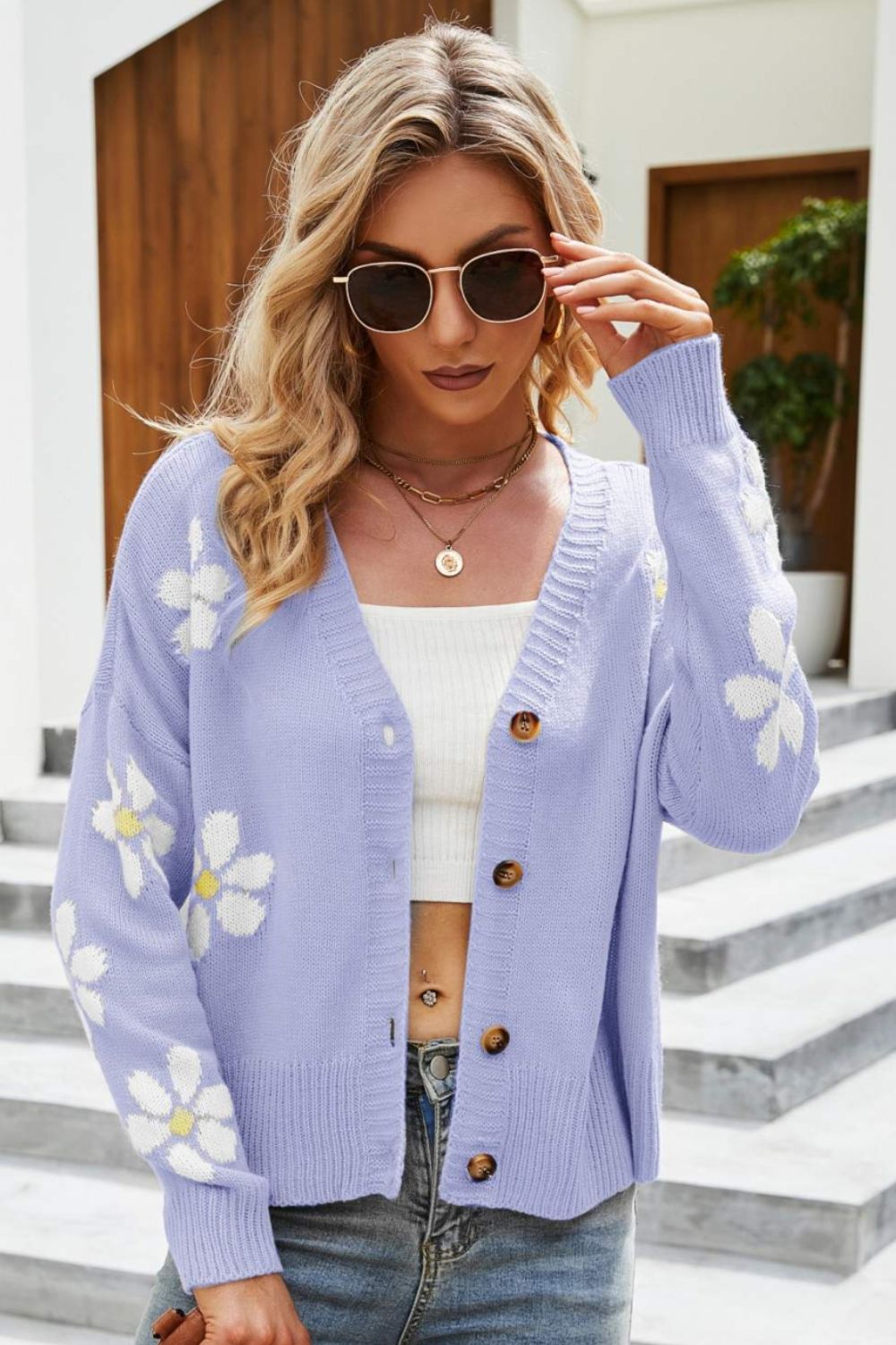 Street-Wave Floral Ribbed Trim Drop Shoulder Cardigan For Women Soft Acrylic Knit With Floral Sleeves