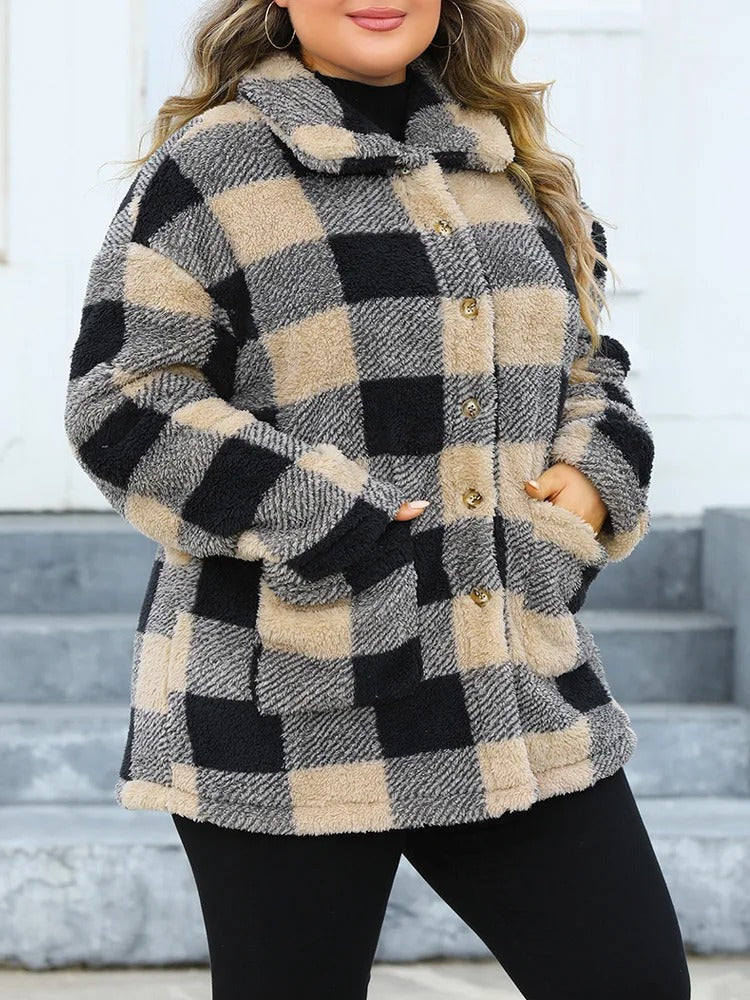 Street-Wave Oversized Plaid Jacket For Women Cozy Sherpa Soft Warm Winter Coat Everyday Wear