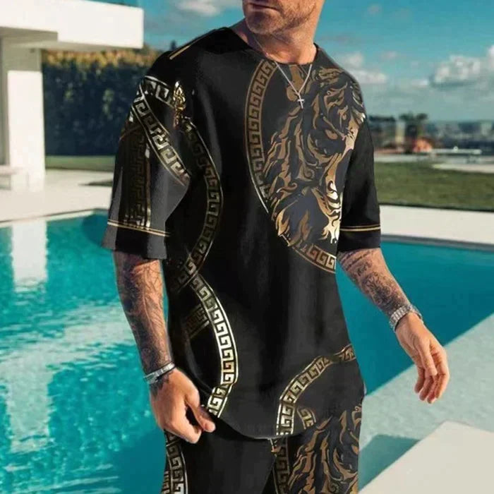 Street-Wave Tigerprint Hawaiian Shirt and Shorts Set for Men, Quick-Dry Stretch Fabric, Beachwear