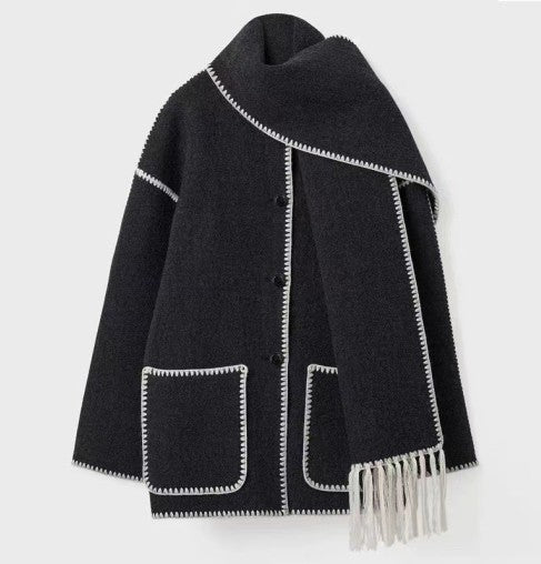 Street-wave Scarf Coat Oversized Cape With Fringed Trim For Fashion Forward Streetwear Fans