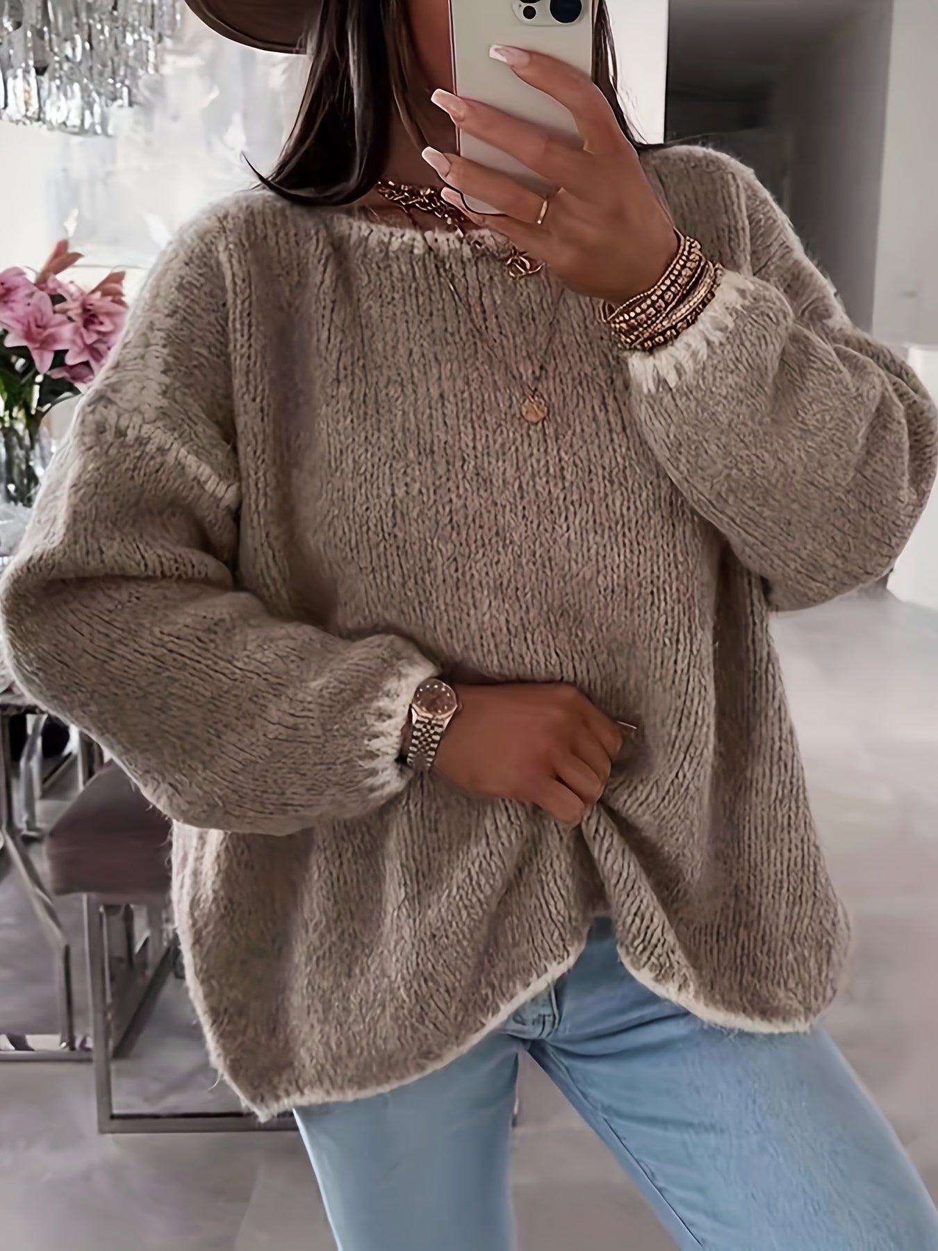 Street-Wave Loose Knit Pullover For Women Soft Cozy Comfort With Crochet Details