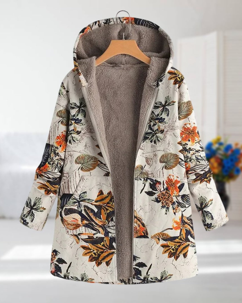Street Wave Floral Print Winter Jacket For Women With Warm Fleece Lining And Practical Pockets