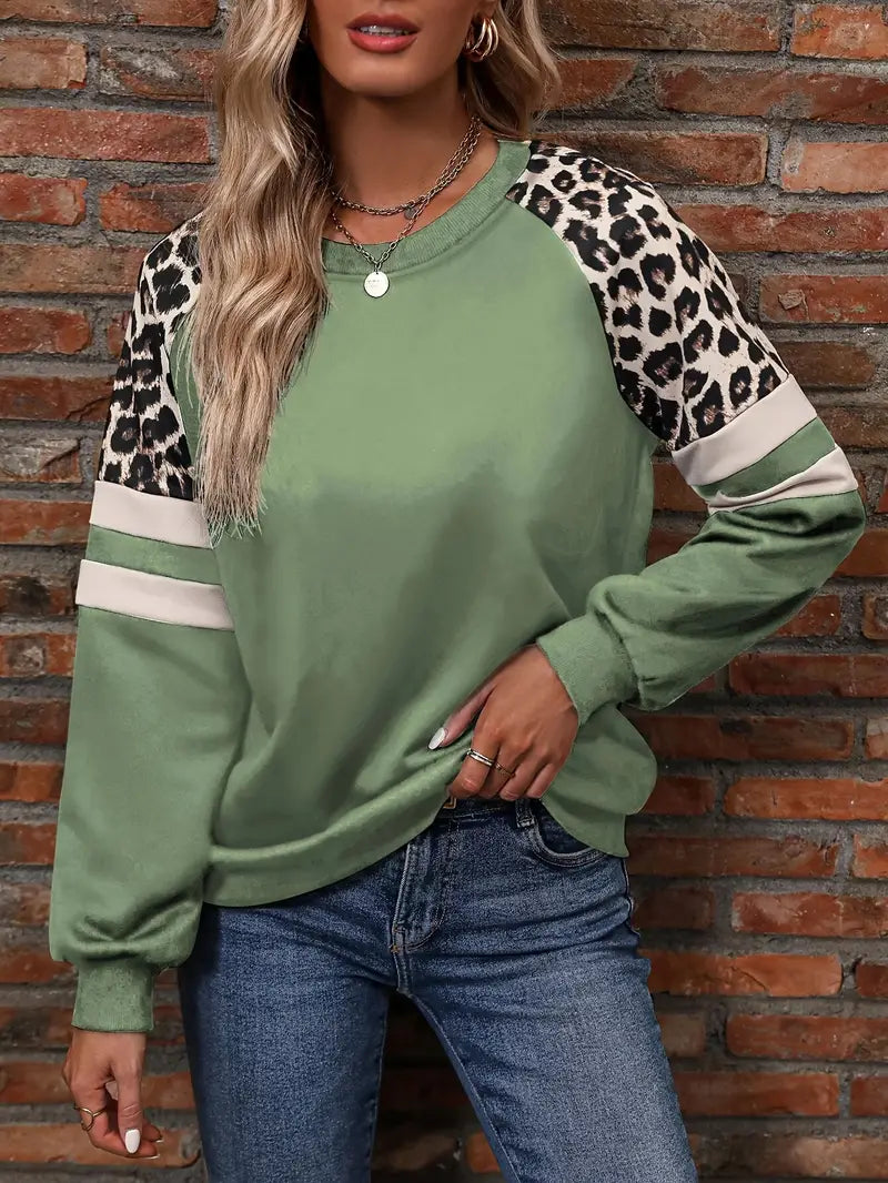 Street-wave Leopard Print Pullover For Women Soft Warm Raglan Sweatshirt With Colorblock Sleeves