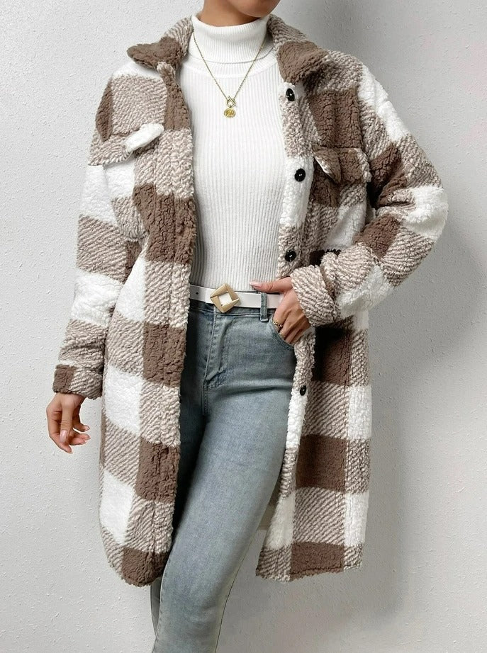 Streetwave Teddy Coat Plush Bear Fur Winter Coat For Women With Plaid Pattern And Cozy Warmth