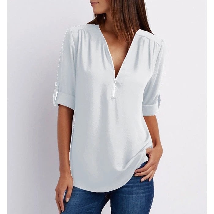 Women's Zip-Up V-Neck Half Sleeve Blouse with Versatile Style and Easy Care